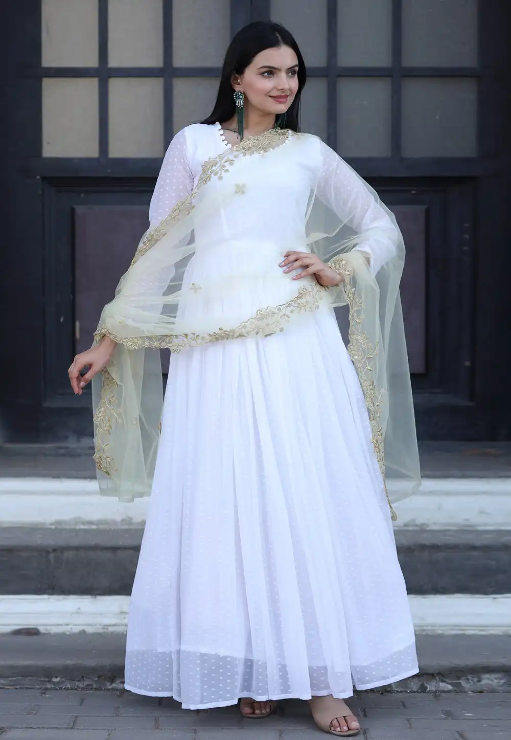 White Faux Georgette Readymade Anarkali Suit 292081