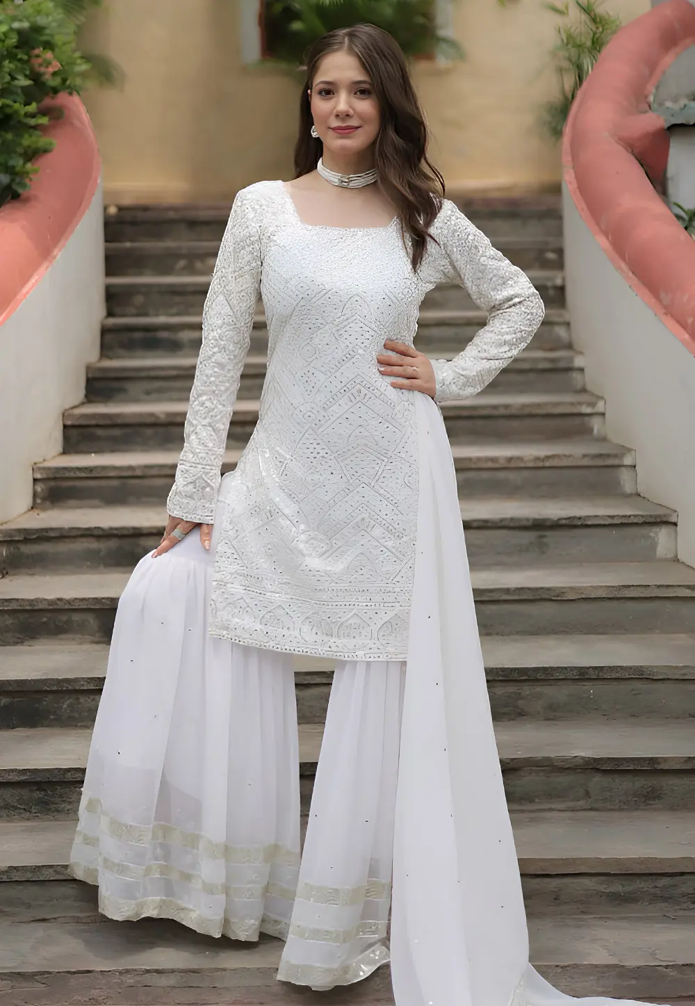 White Faux Georgette Readymade Gharara Suit 299328