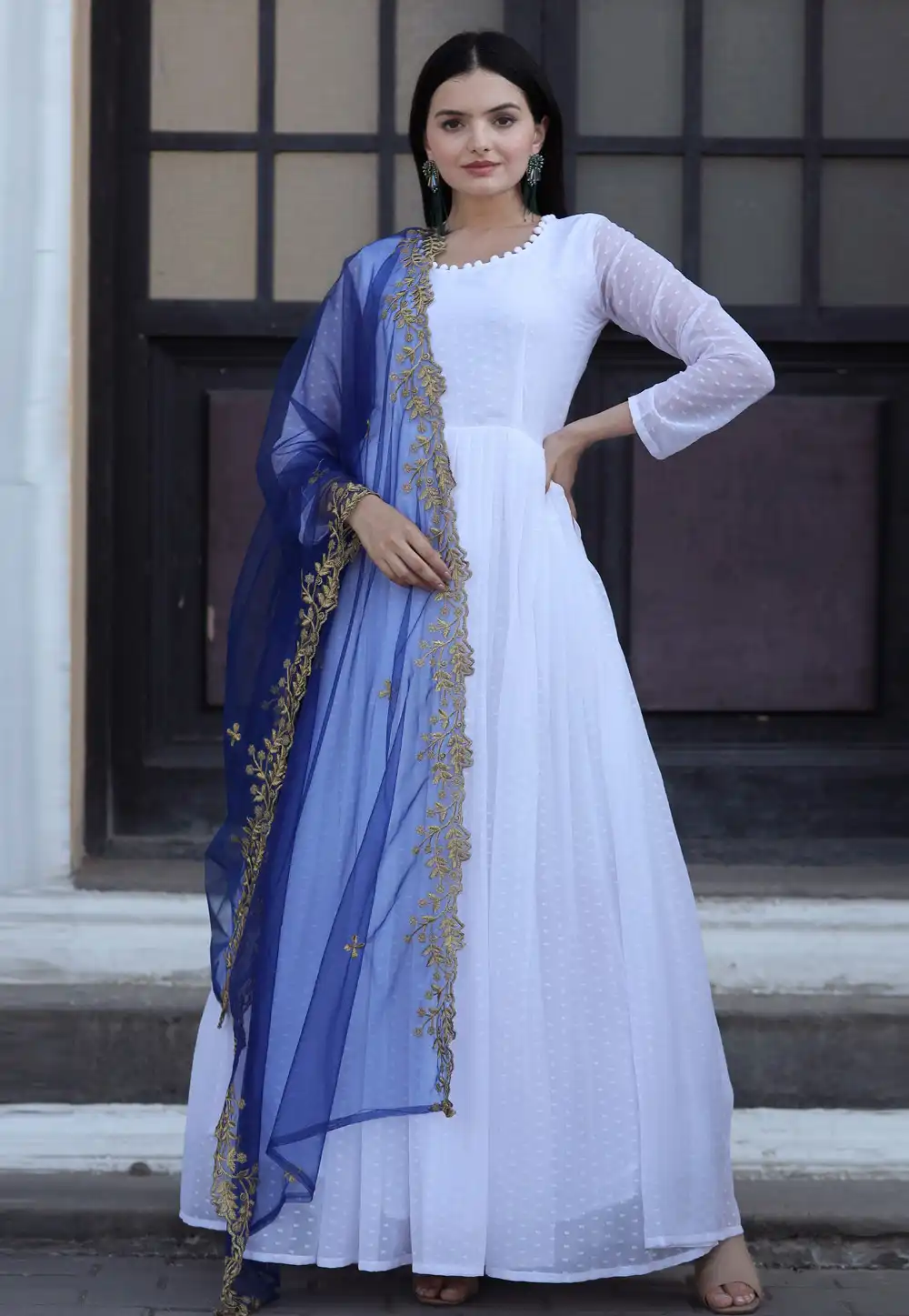 White Faux Georgette Readymade Long Anarkali Suit 292076