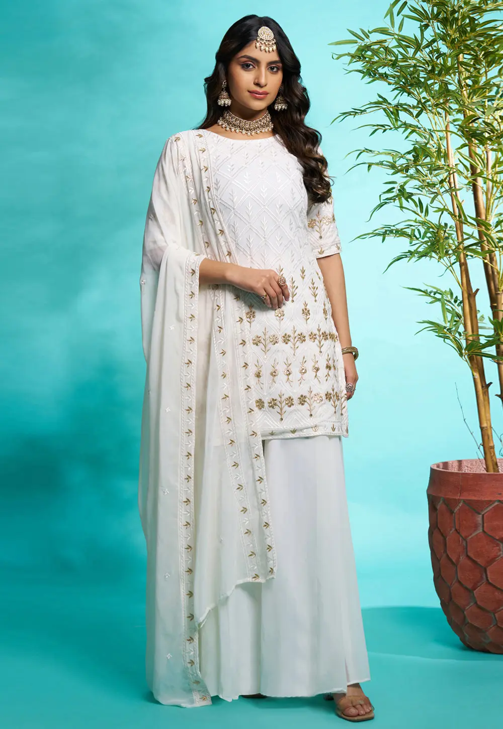 White Faux Georgette Readymade Pakistani Suit 304768