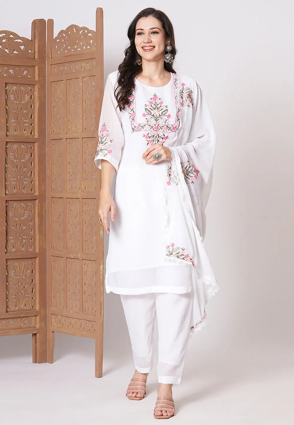 White Faux Georgette Readymade Pant Style Suit 300343