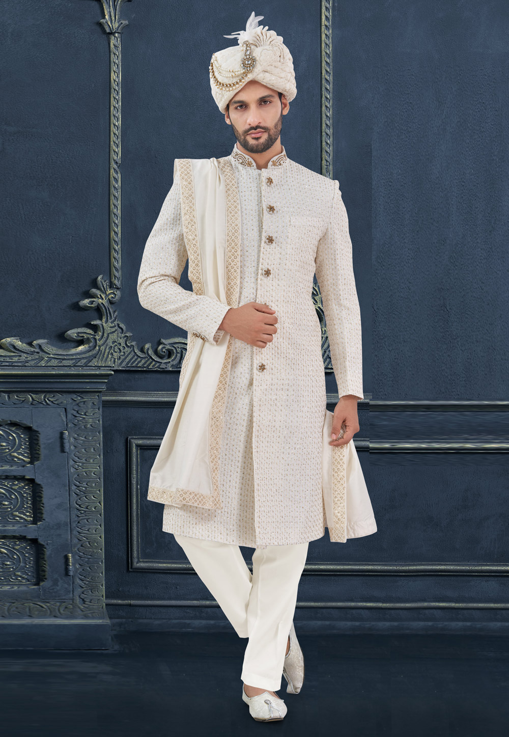 White Georgette Achkan Style Sherwani 305207