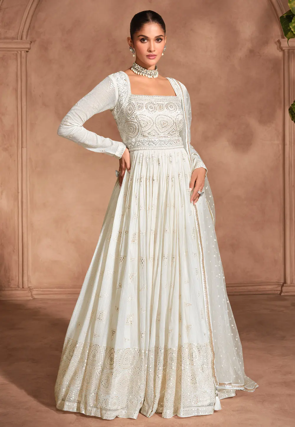 White Georgette Anarkali Suit 297433