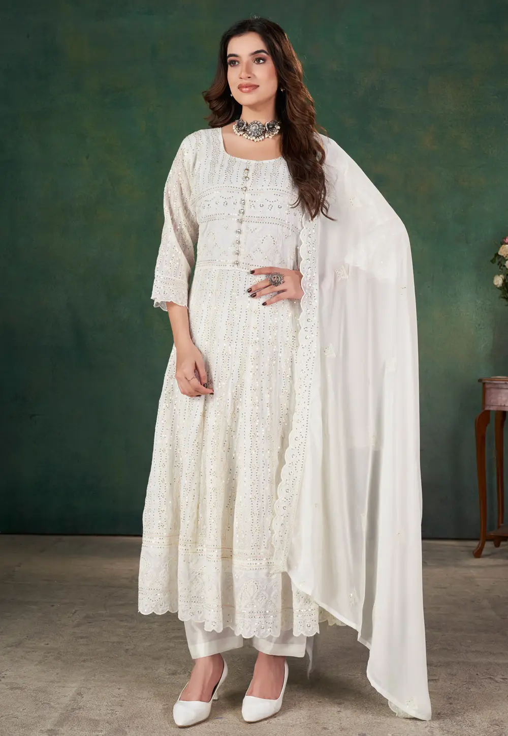 White Georgette Anarkali Suit 295223