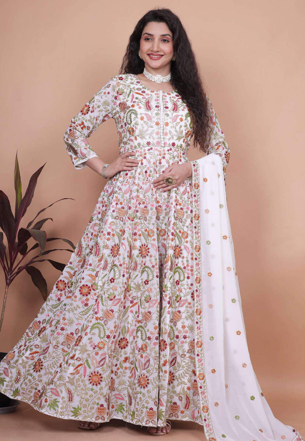 White Georgette Embroidered Long Anarkali Suit 310751