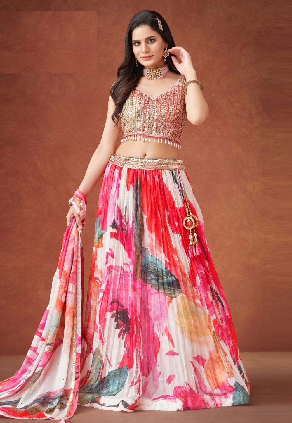 White Georgette Floral print Lehenga choli 305060