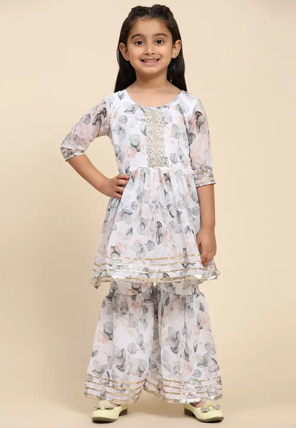 White Georgette Kids Sharara Suit 293562