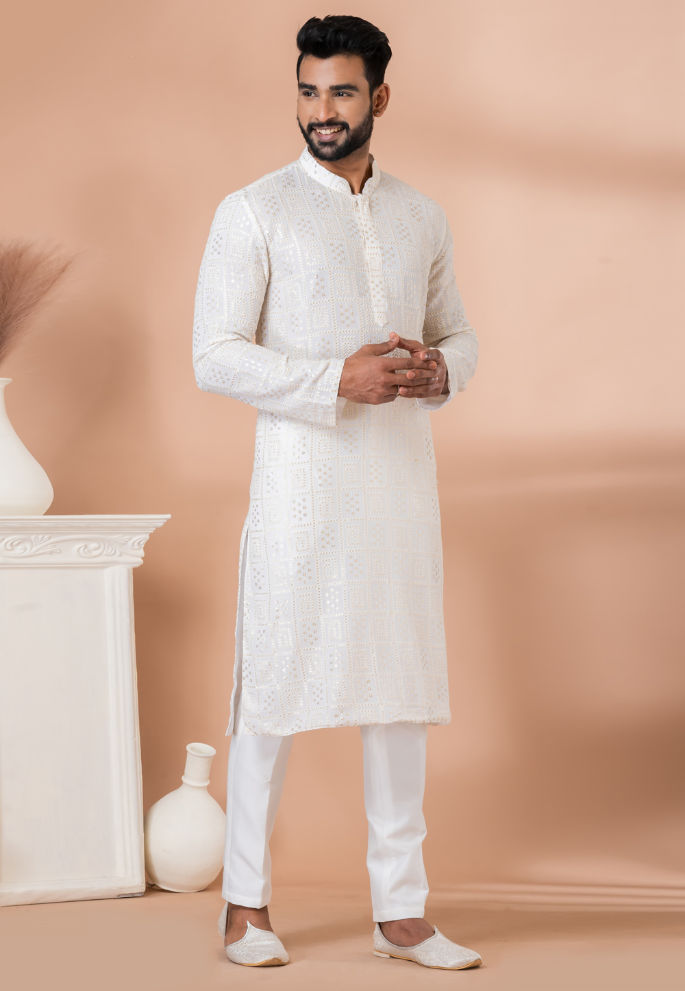 White Georgette Kurta Pajama 281009