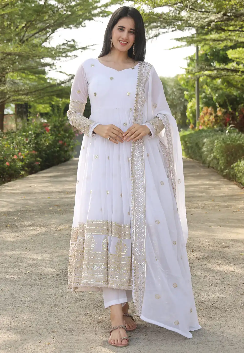 White Georgette Readymade Long Anarkali Suit 293887