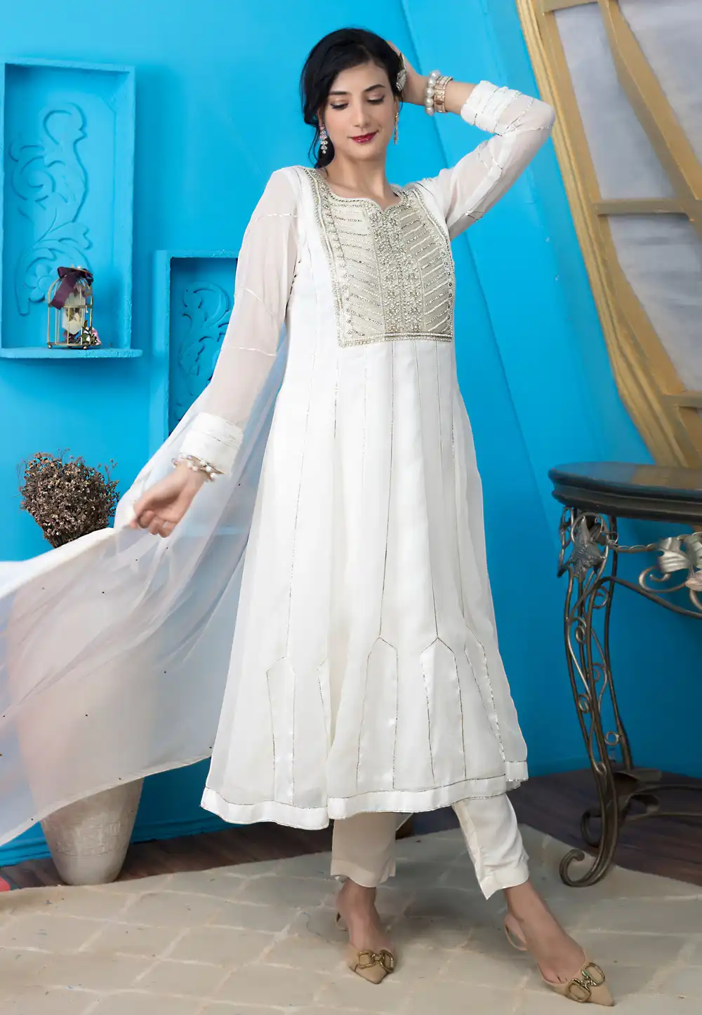 White Georgette Readymade Pakistani Suit 293099