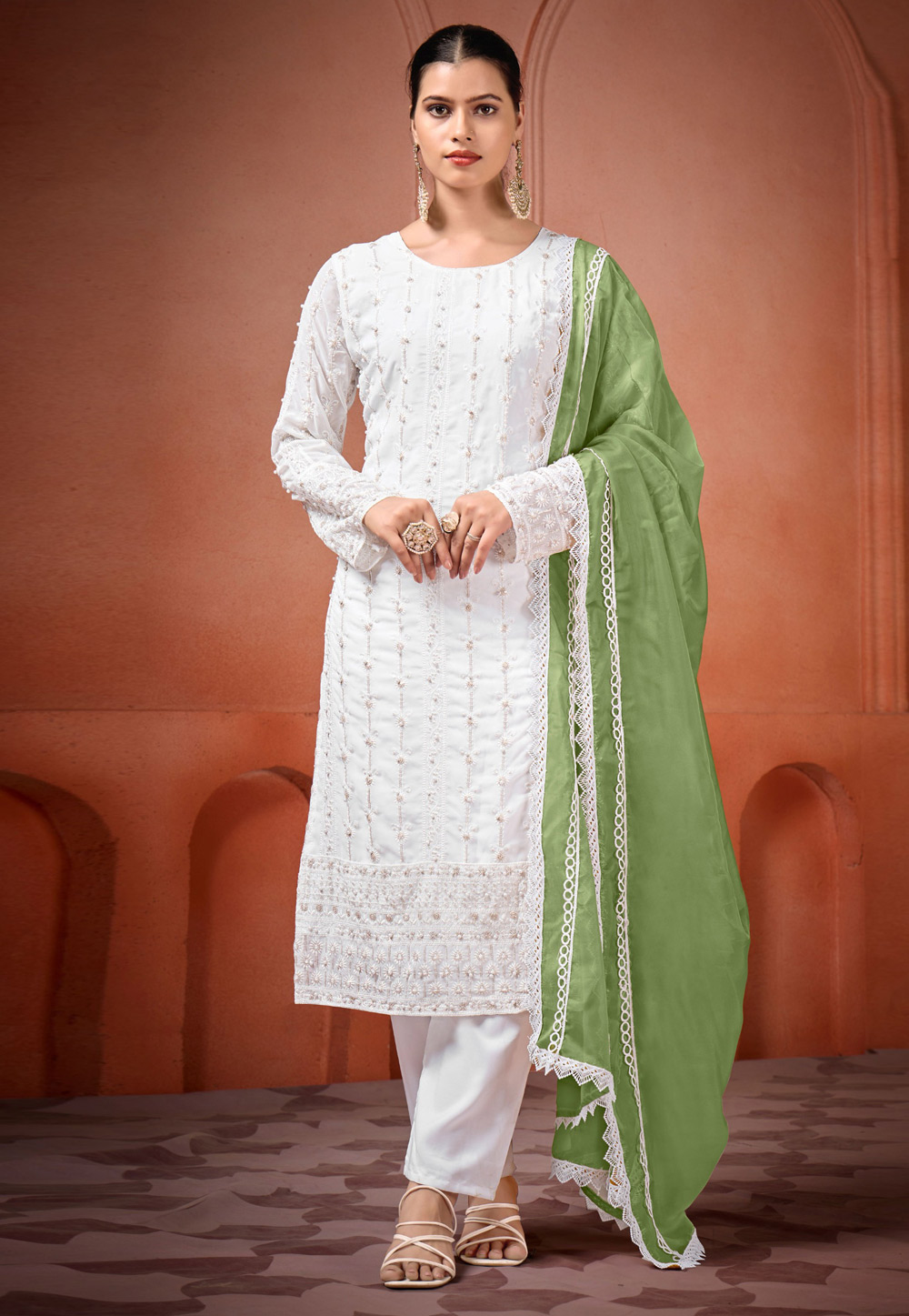 White Georgette Readymade Pakistani Suit 309293