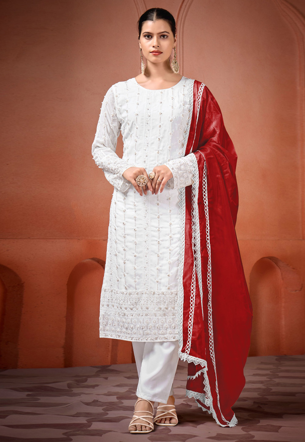 White Georgette Readymade Pakistani Suit 309295