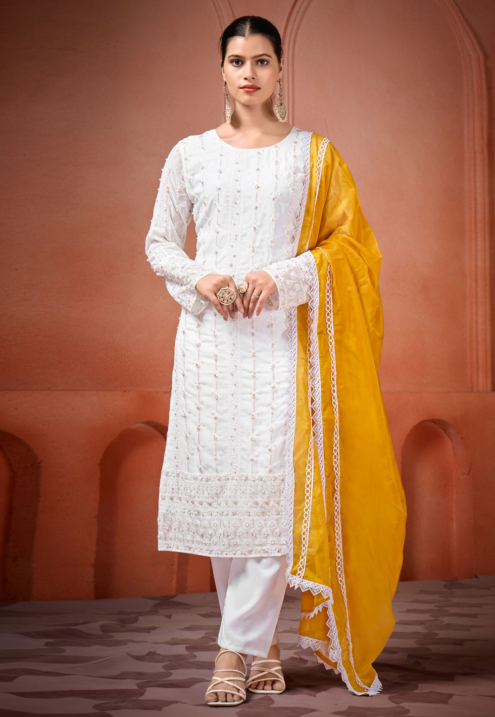 White Georgette Readymade Pant Style Suit 309292