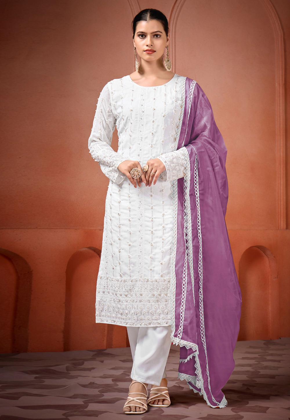White Georgette Readymade Pant Style Suit 309296
