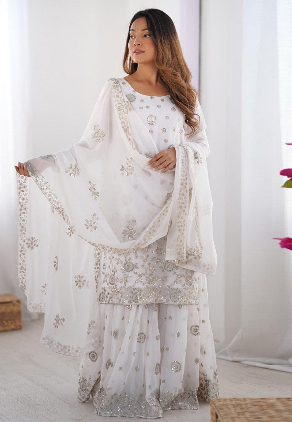White Georgette Readymade Sharara Suit 310983