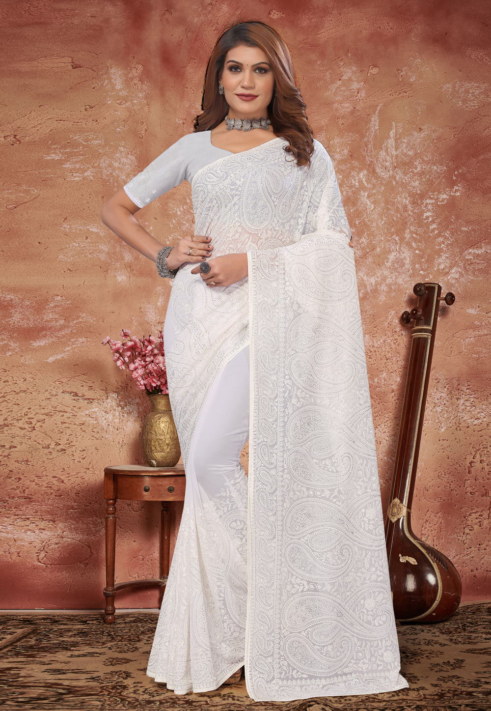 White Georgette Saree With Blouse 278313