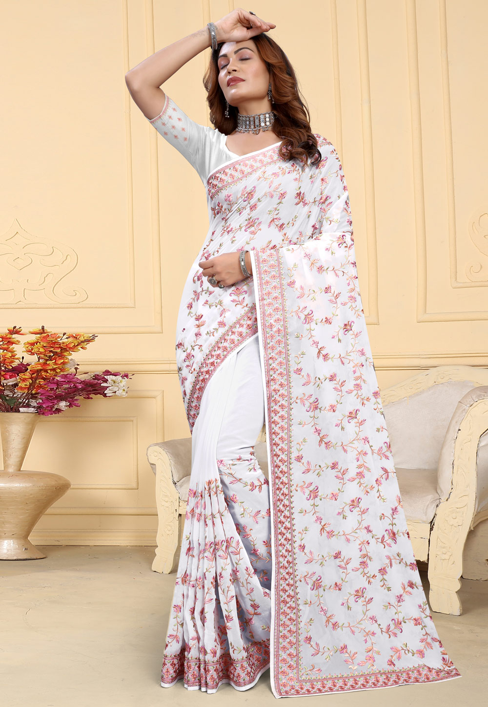 White Georgette Saree With Blouse 284201