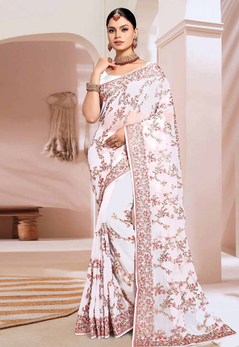 White Georgette Saree With Blouse 296427