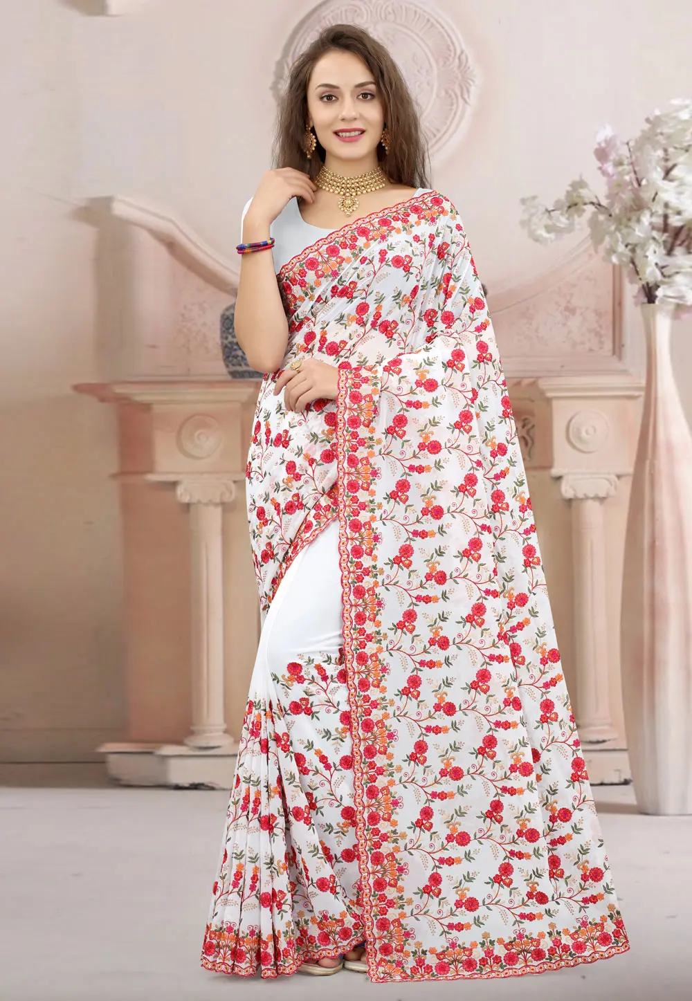 White Georgette Saree With Blouse 298363