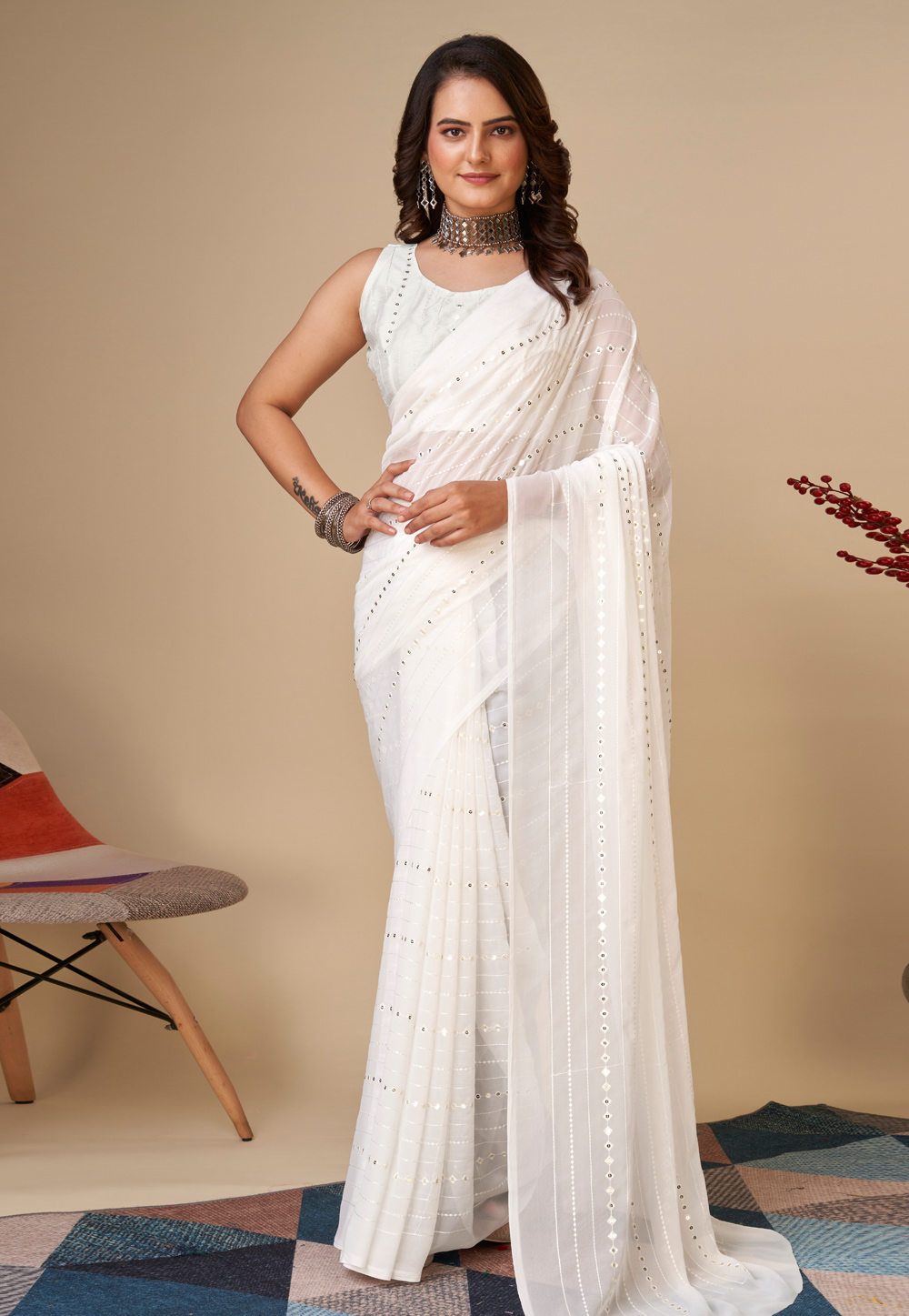 White Georgette Saree With Blouse 280423