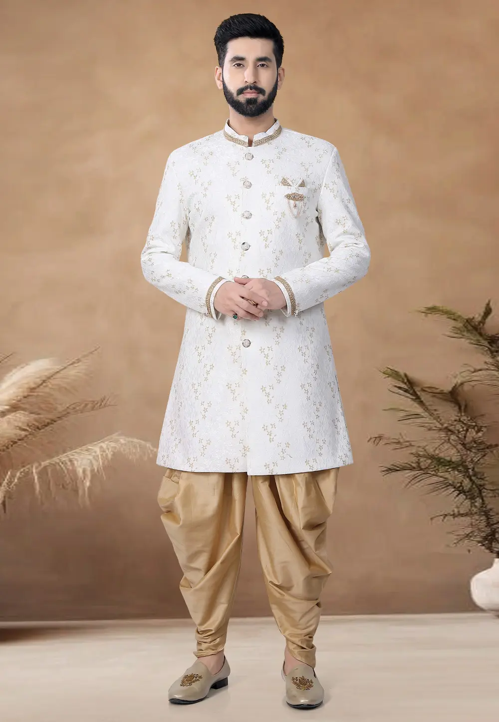 White Jacquard Indo Western Suit 298590