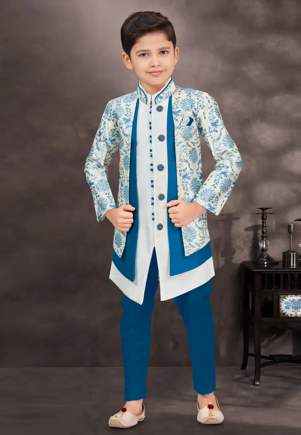 White Jacquard Kids Indo Western Suit 294968