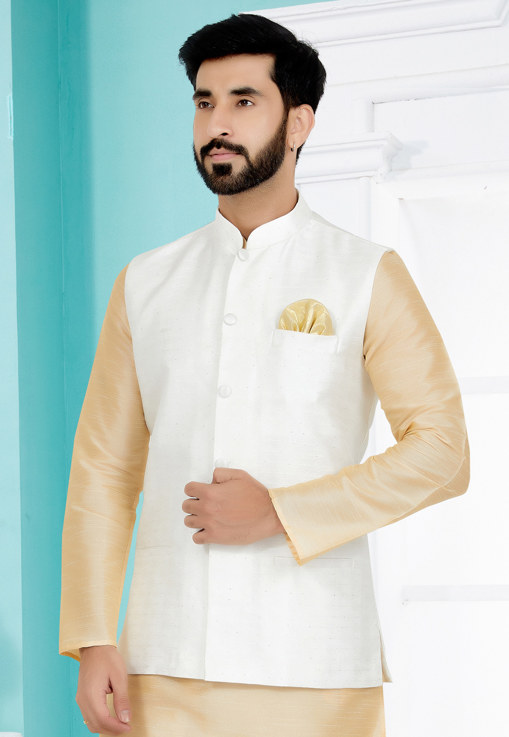 White Jacquard Nehru Jacket 286770