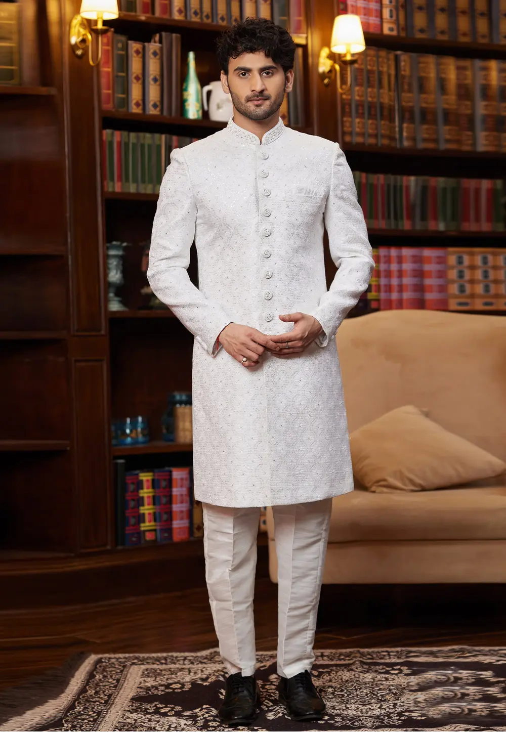 White Jacquard Silk Indo Western Sherwani 302218