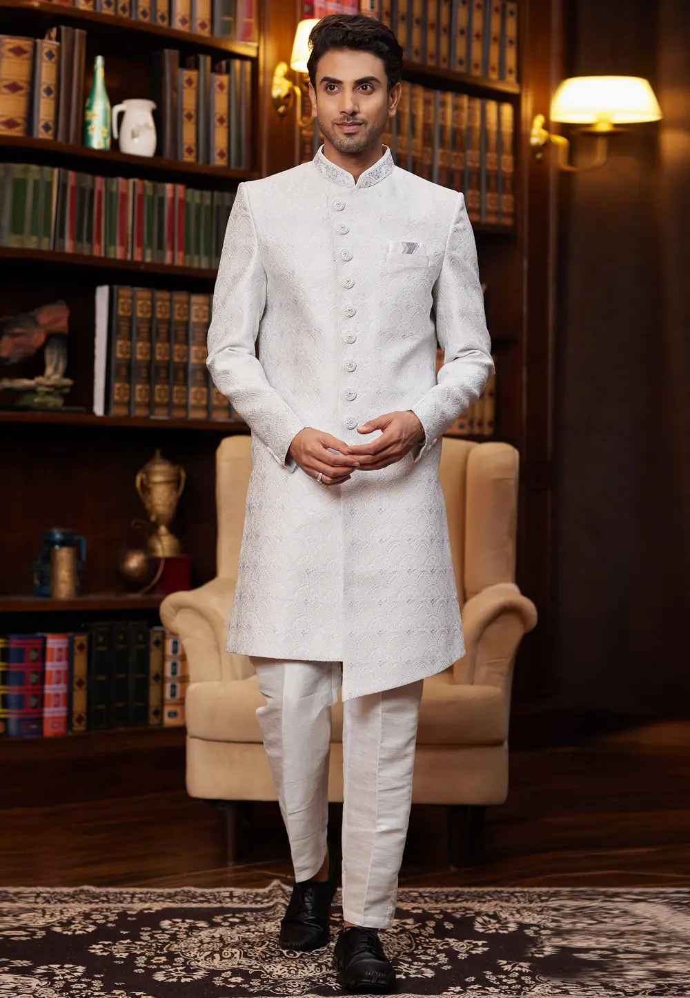 White Jacquard Silk Indo Western Sherwani 302224