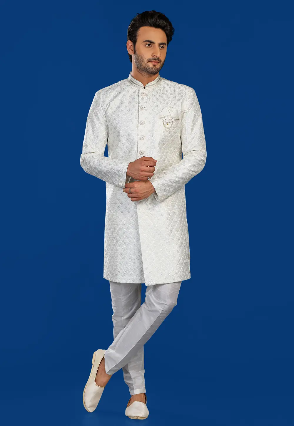 White Jacquard Silk Indo Western Suit 295302