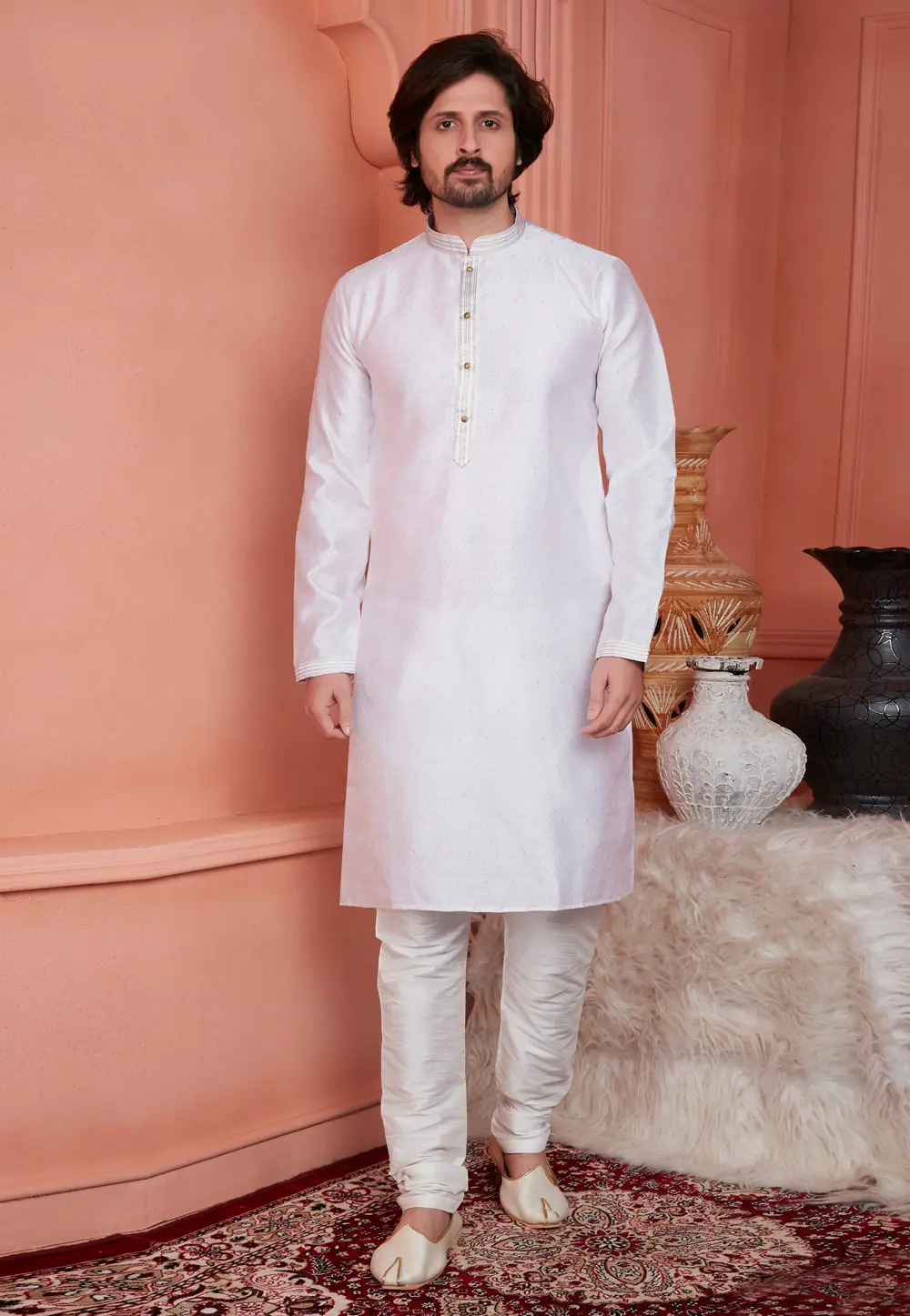 White Jacquard Silk Kurta Pajama 304301