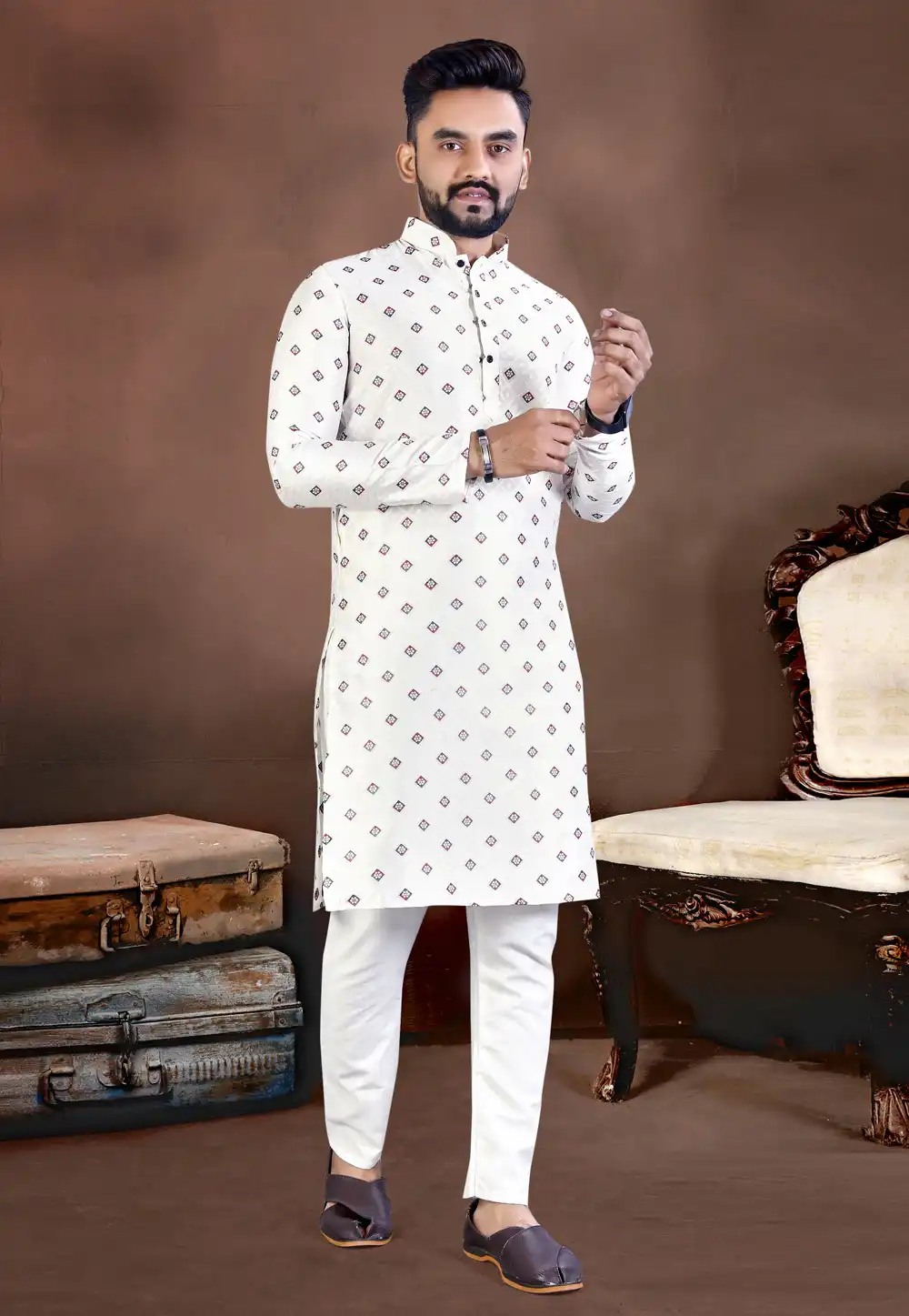 White Jacquard Silk Kurta Pajama 293296