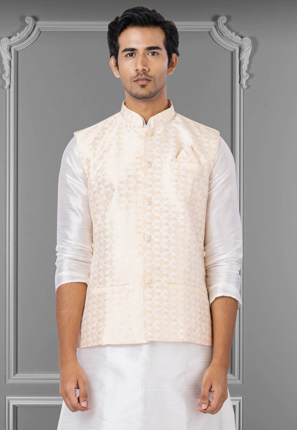 White Jacquard Silk Nehru Jacket 286952