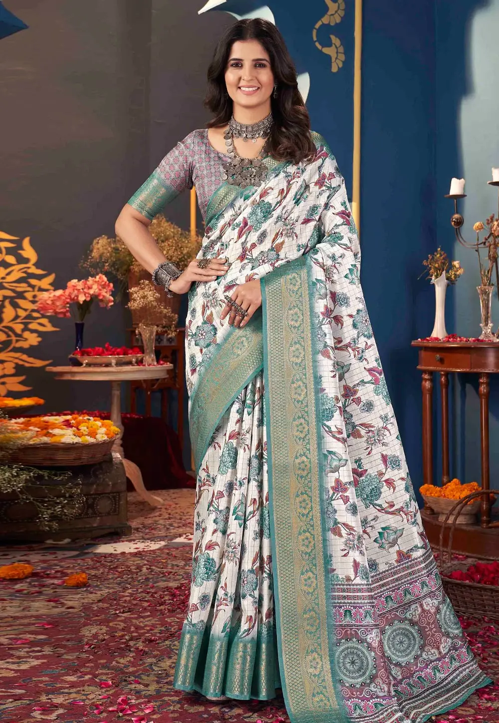 White Jacquard Silk Saree With Blouse 296073