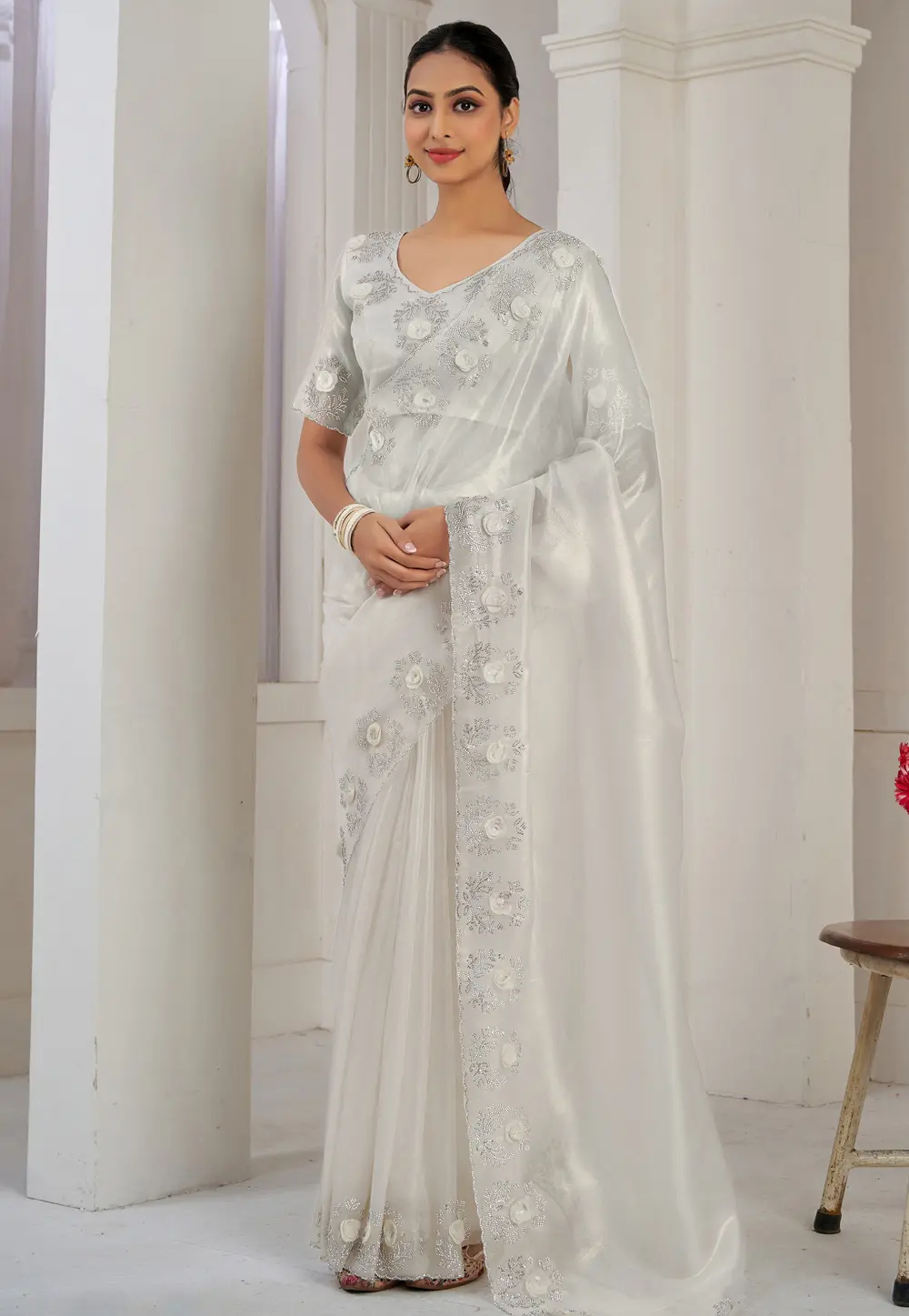 White Jute Silk Saree With Blouse 300830