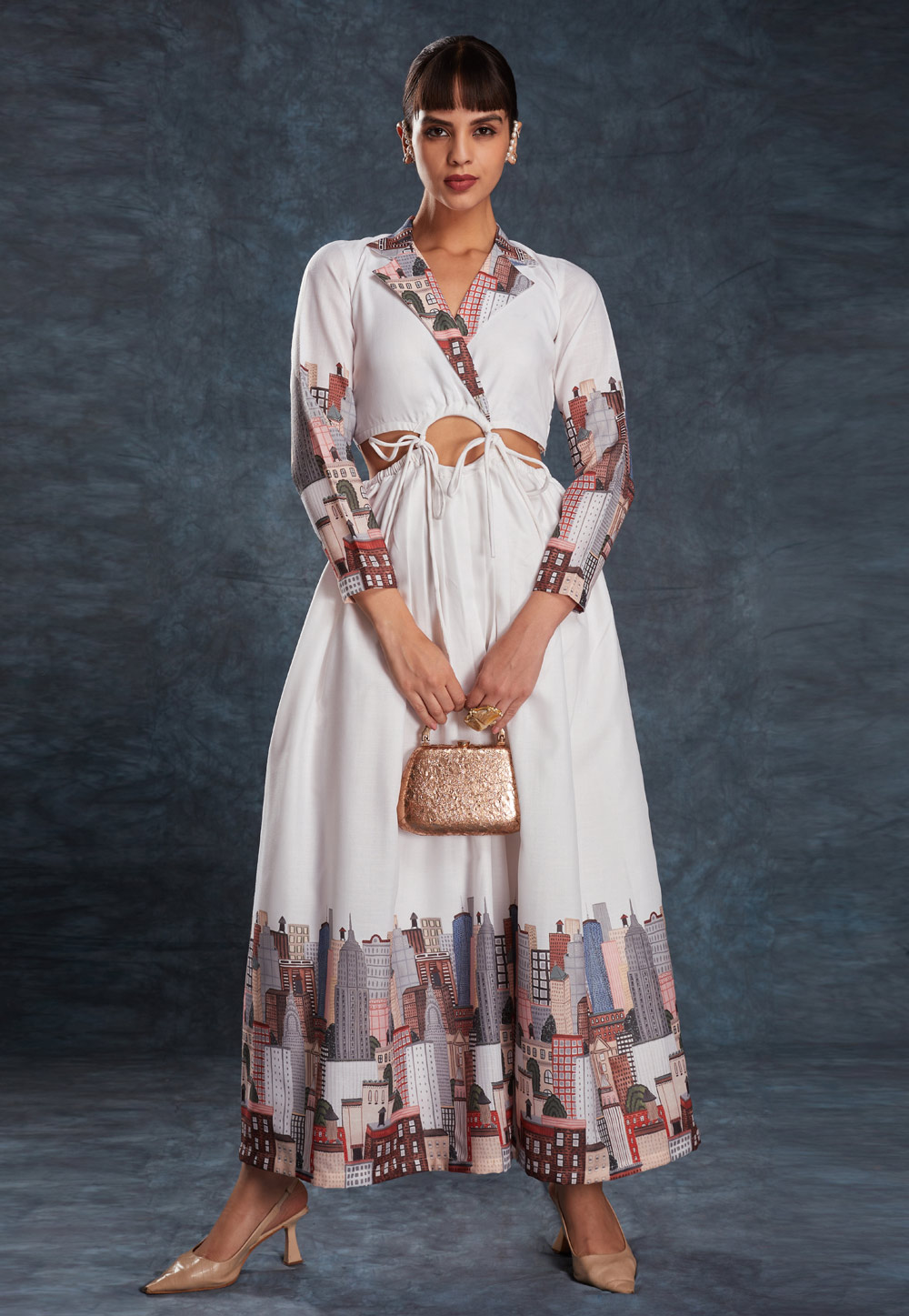 White Linen Printed Gown 306228