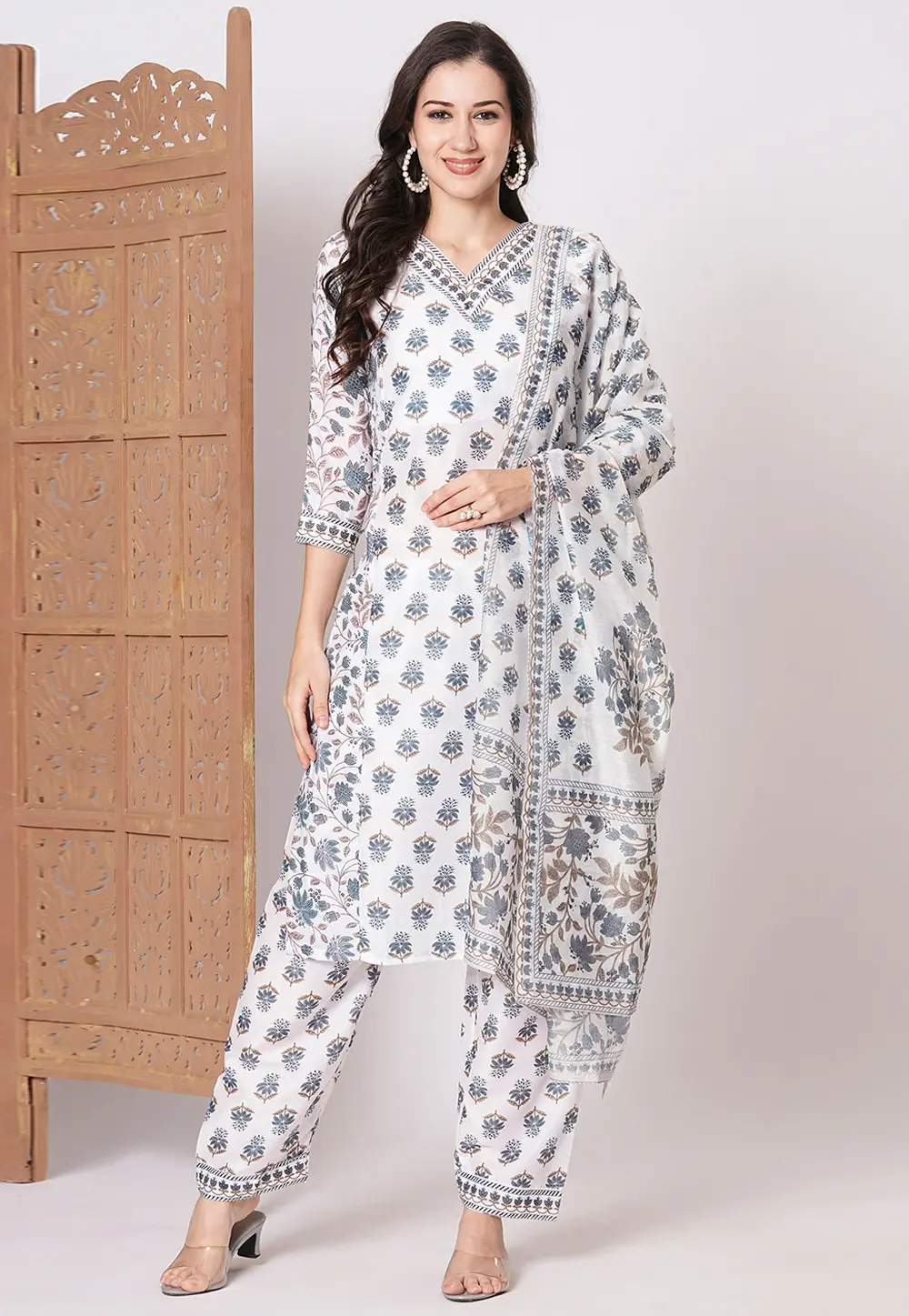 White Muslin Readymade Pant Style Suit 300346