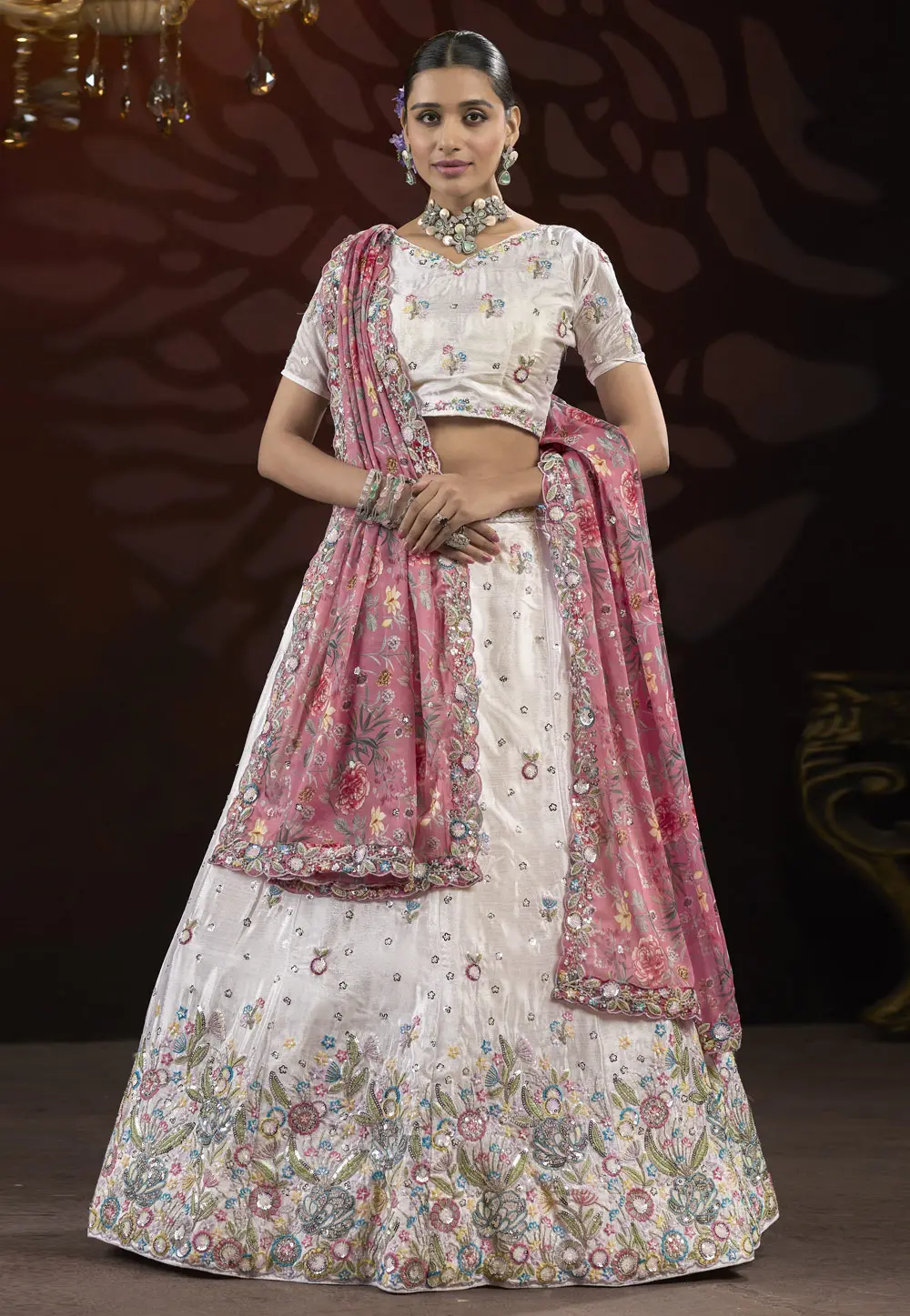 White Net A Line Lehenga Choli 301763