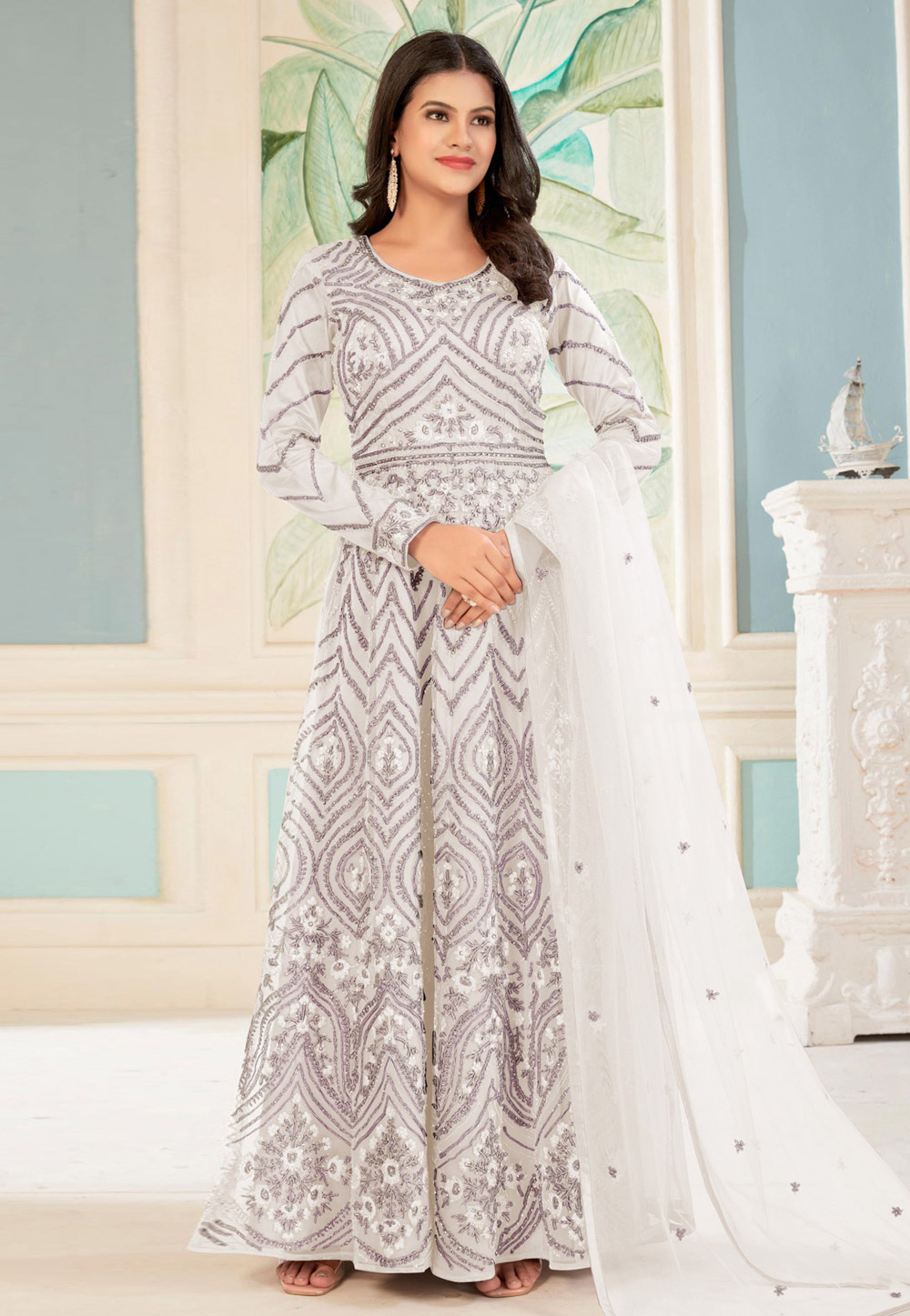 White Net Embroidered Anarkali Suit 280020