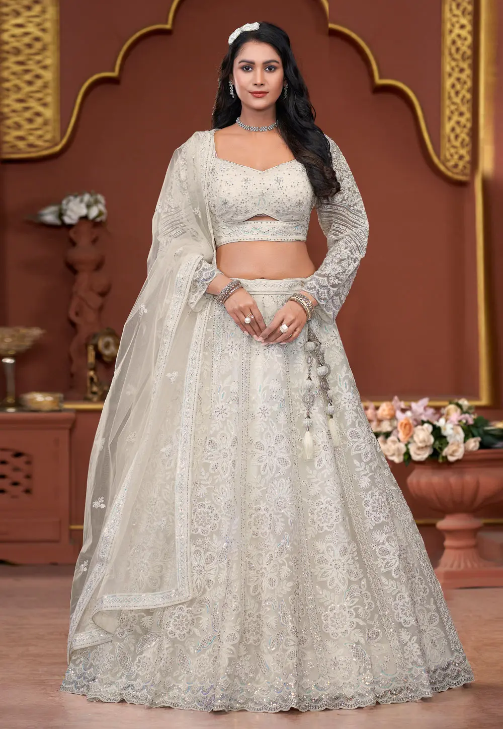 White Net Readymade A Line Lehenga Choli 303904