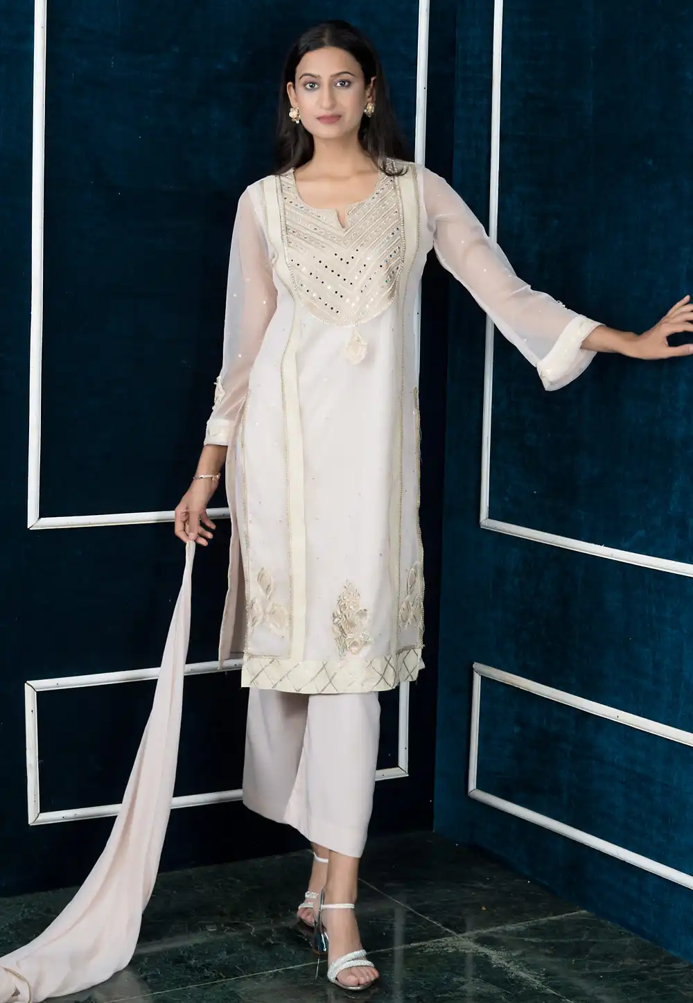 White Net Readymade Palazzo Suit 290502