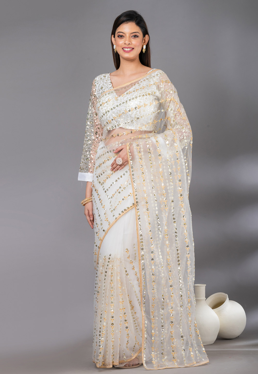 White Net Saree With Blouse 279017