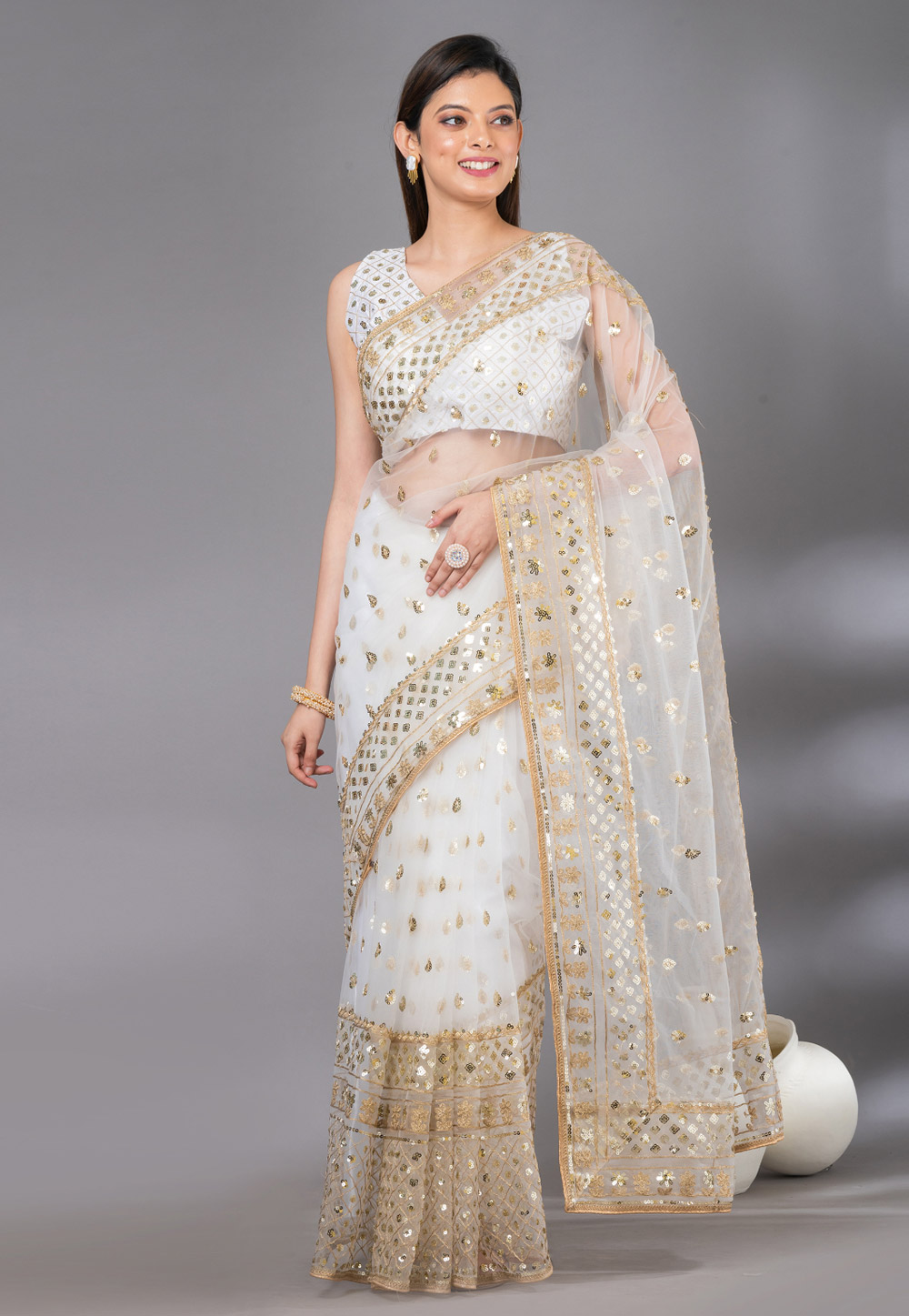 White Net Saree With Blouse 279024