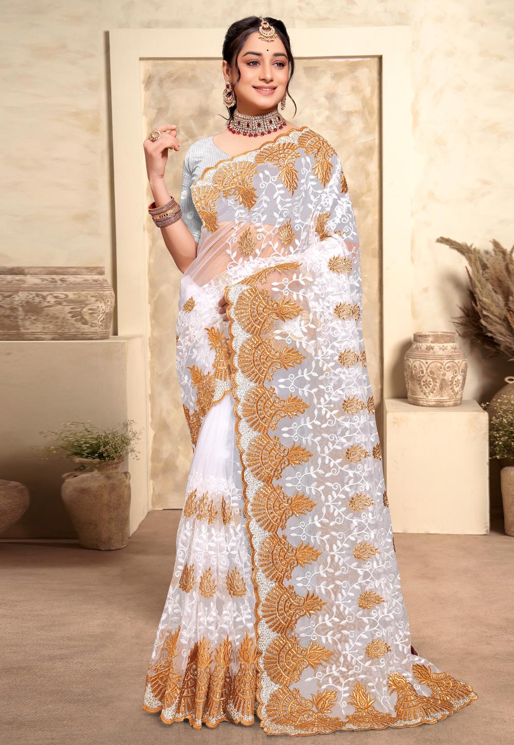 White Net Saree With Blouse 280317