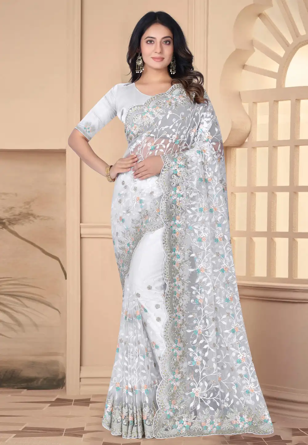White Net Saree With Blouse 288260