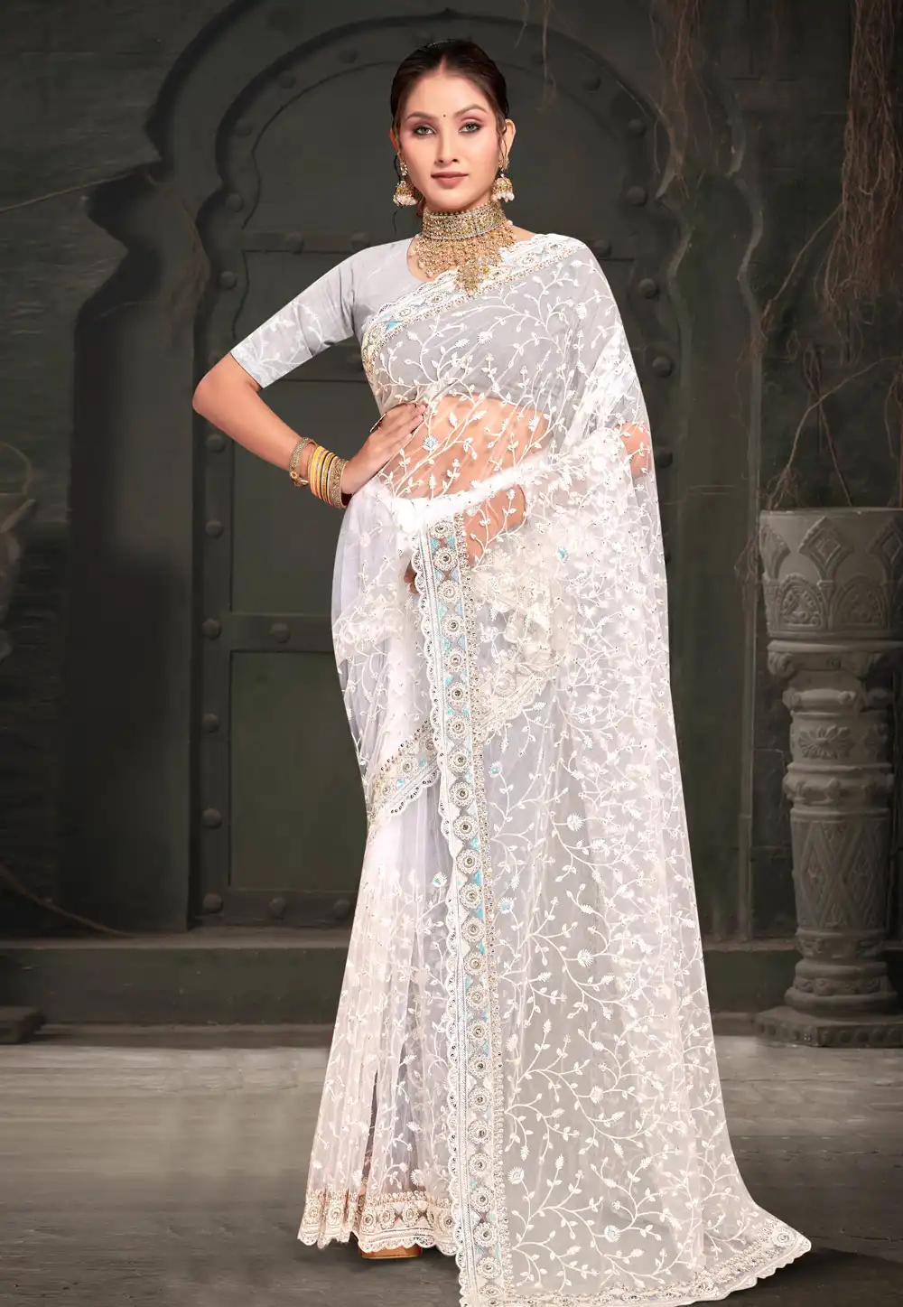 White Net Saree With Blouse 293739