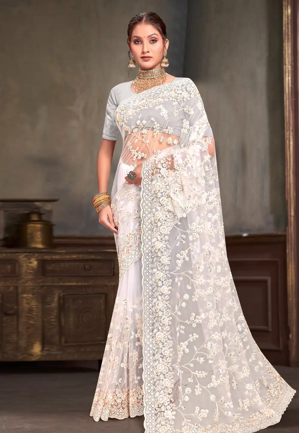 White Net Saree With Blouse 293744