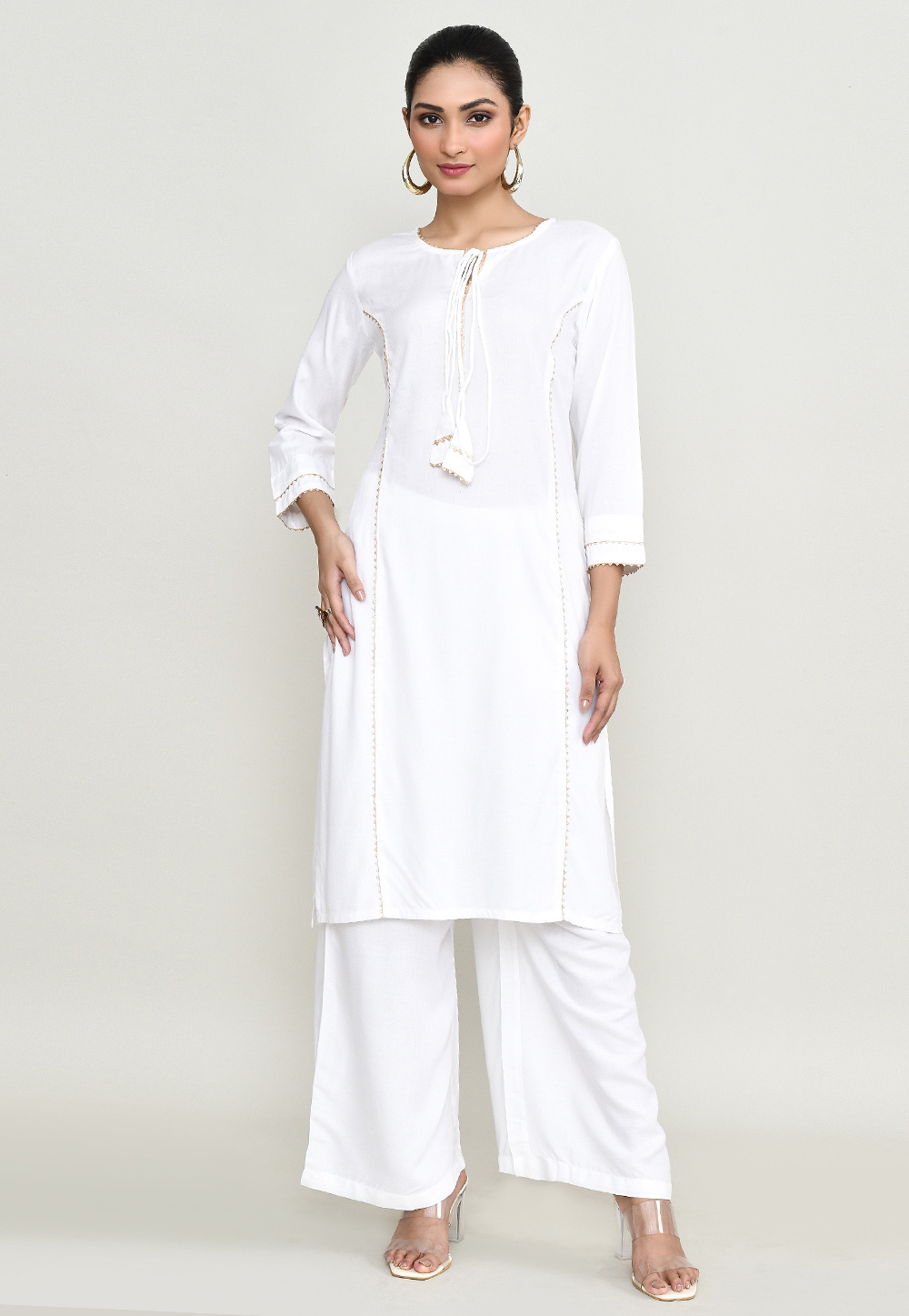 White Rayon Kurta Set With Palazzo 305297