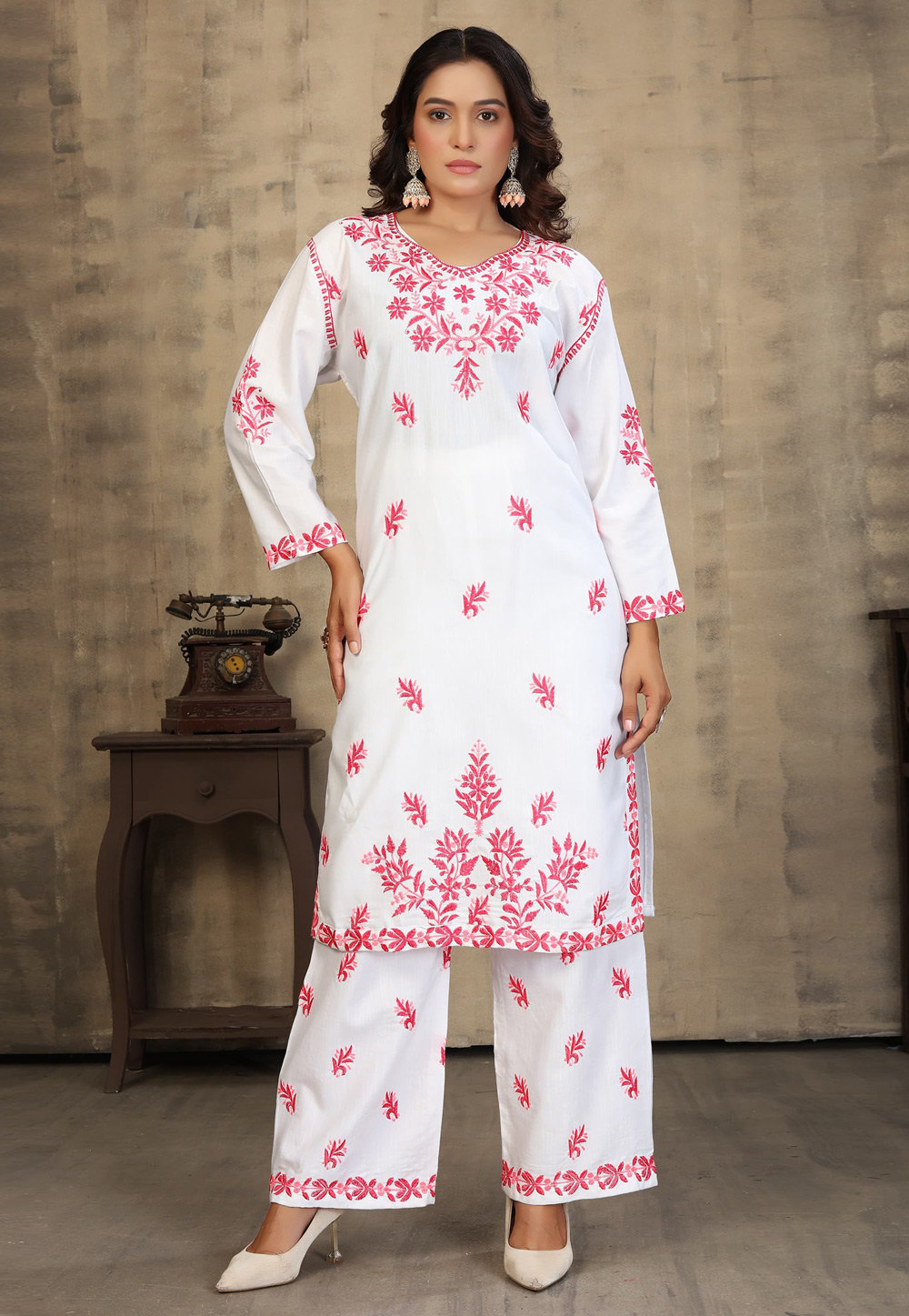 White Rayon Kurta Set With Palazzo 309935