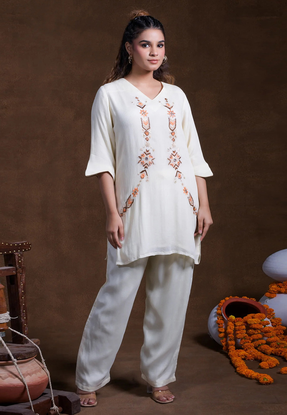 White Rayon Kurta Set With Pant 310043